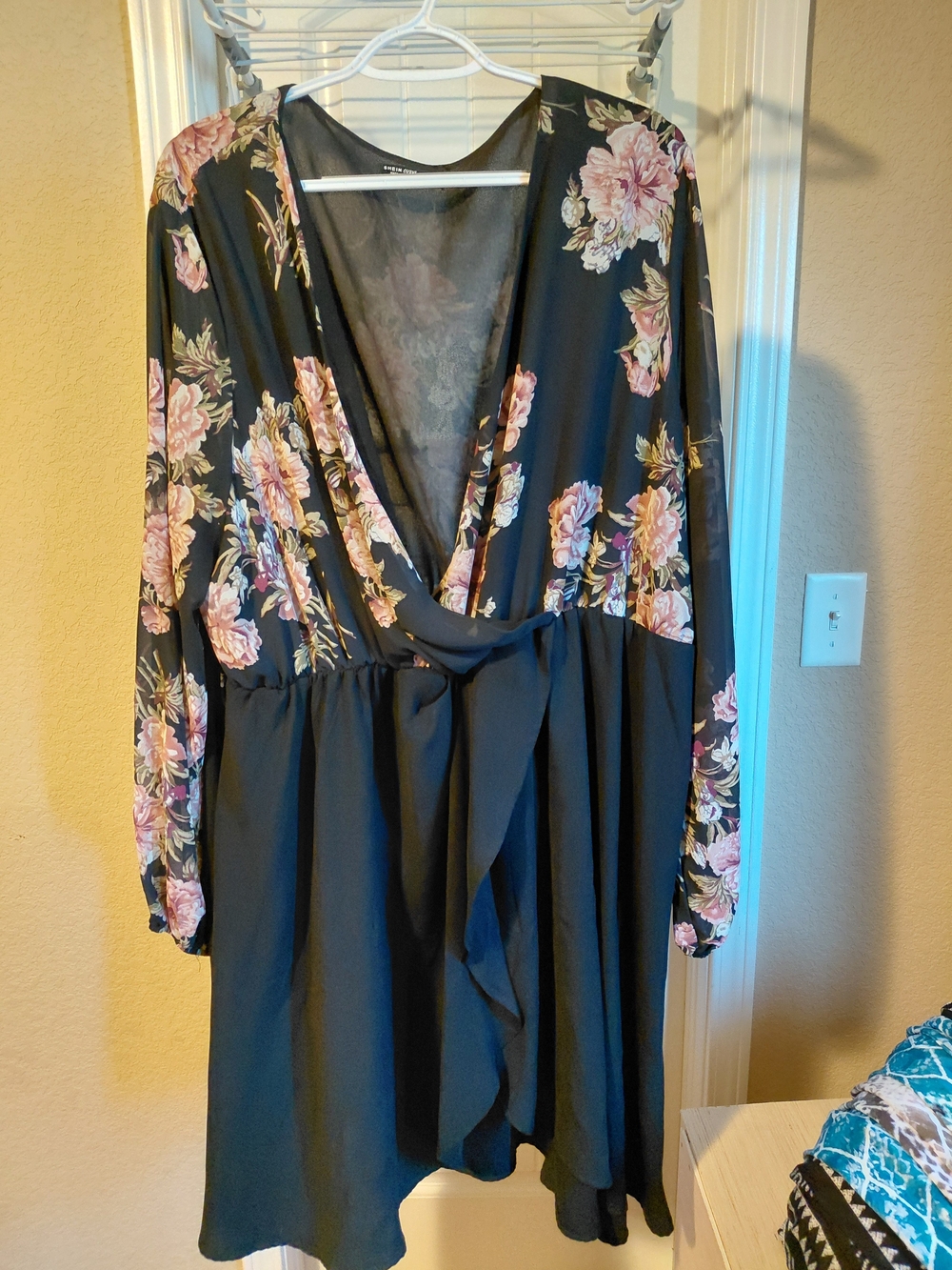 Floral Wrap Mini Dress in Black and Pink